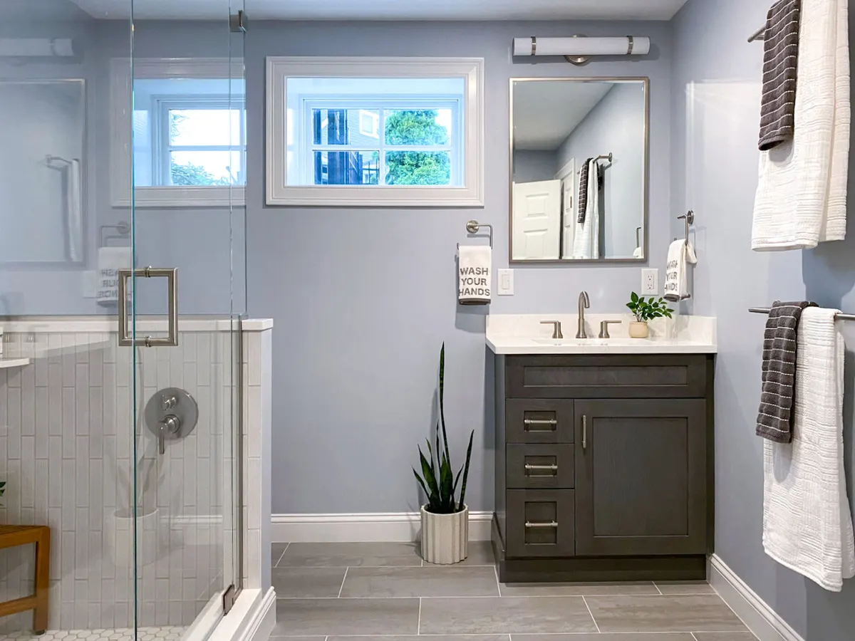 Glass enclosed Walk in Shower bathroom design in Wenham, MA