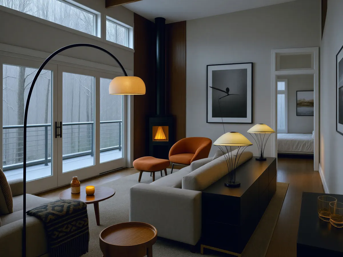 Deck Home Living area with modern lighting and a view of the woods throught the beautiful glasswork ...