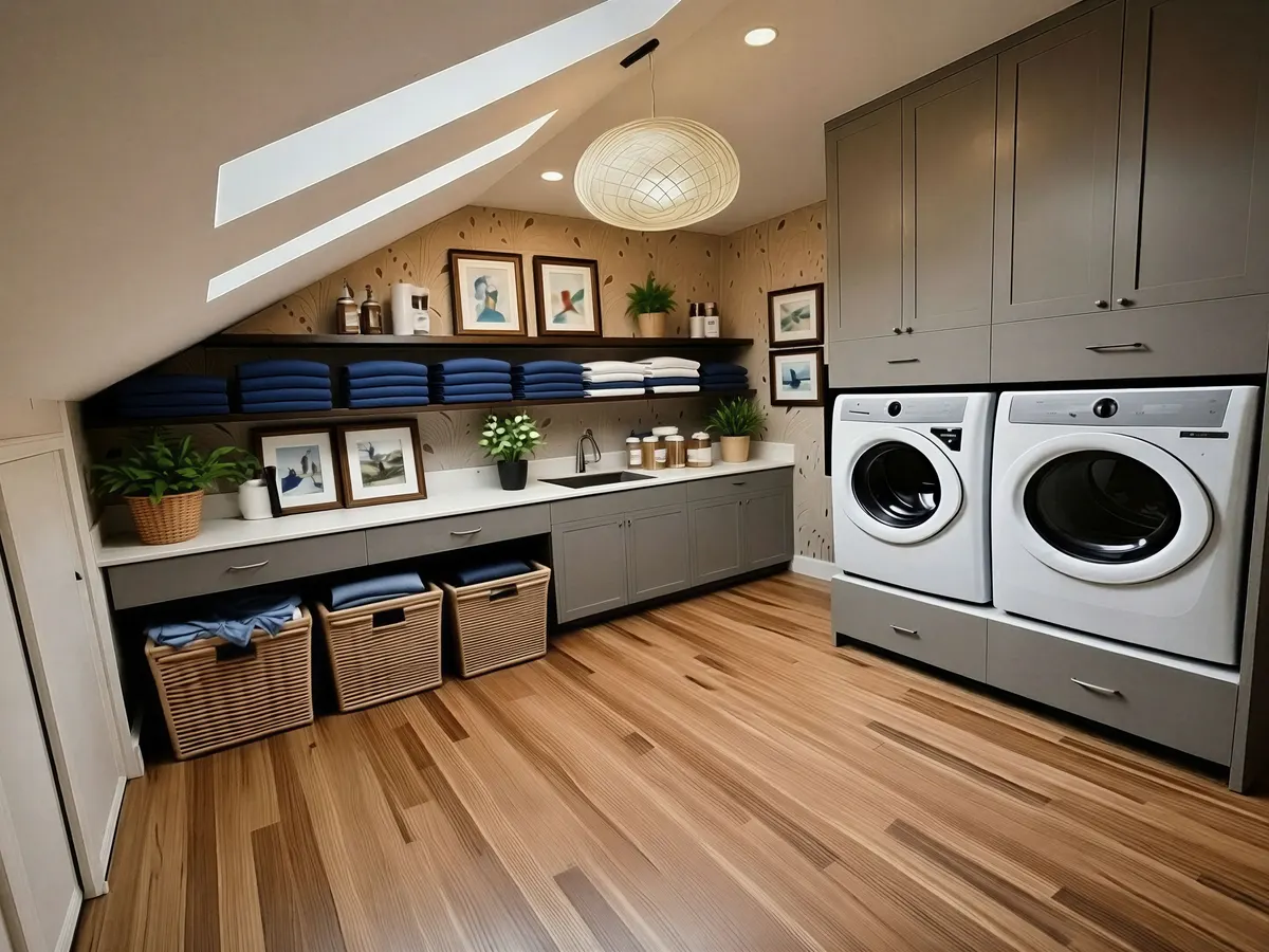 A Design Build project for a Custom Laundry Room Addition 
                that features natural lighting from the skylights in the roof. 
                the natural flow makes movement simple and efficient.